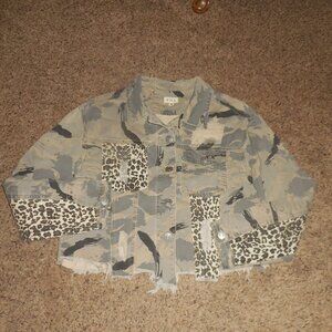 POL Camo Leopard Crop Fringe Jean Jacket S